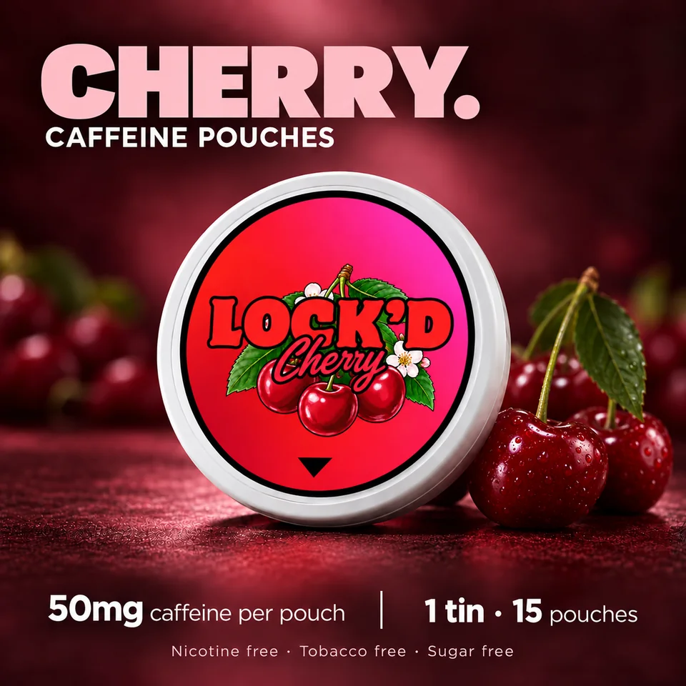 LOCK'D Cherry single tin, flavour artwork showing 15 pouches per tin and 50mg caffeine per pouch