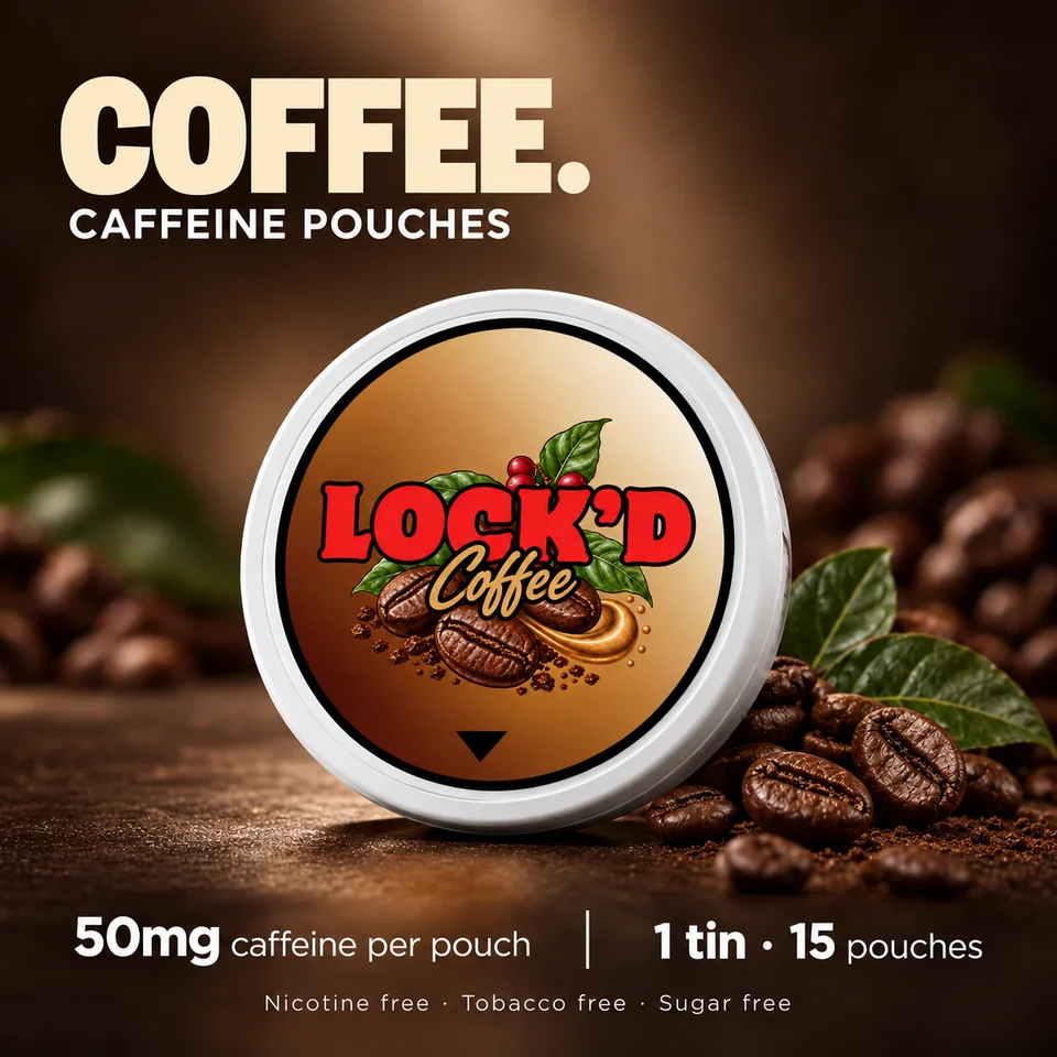 LOCK'D Coffee single tin, flavour artwork showing 15 pouches per tin and 50mg caffeine per pouch