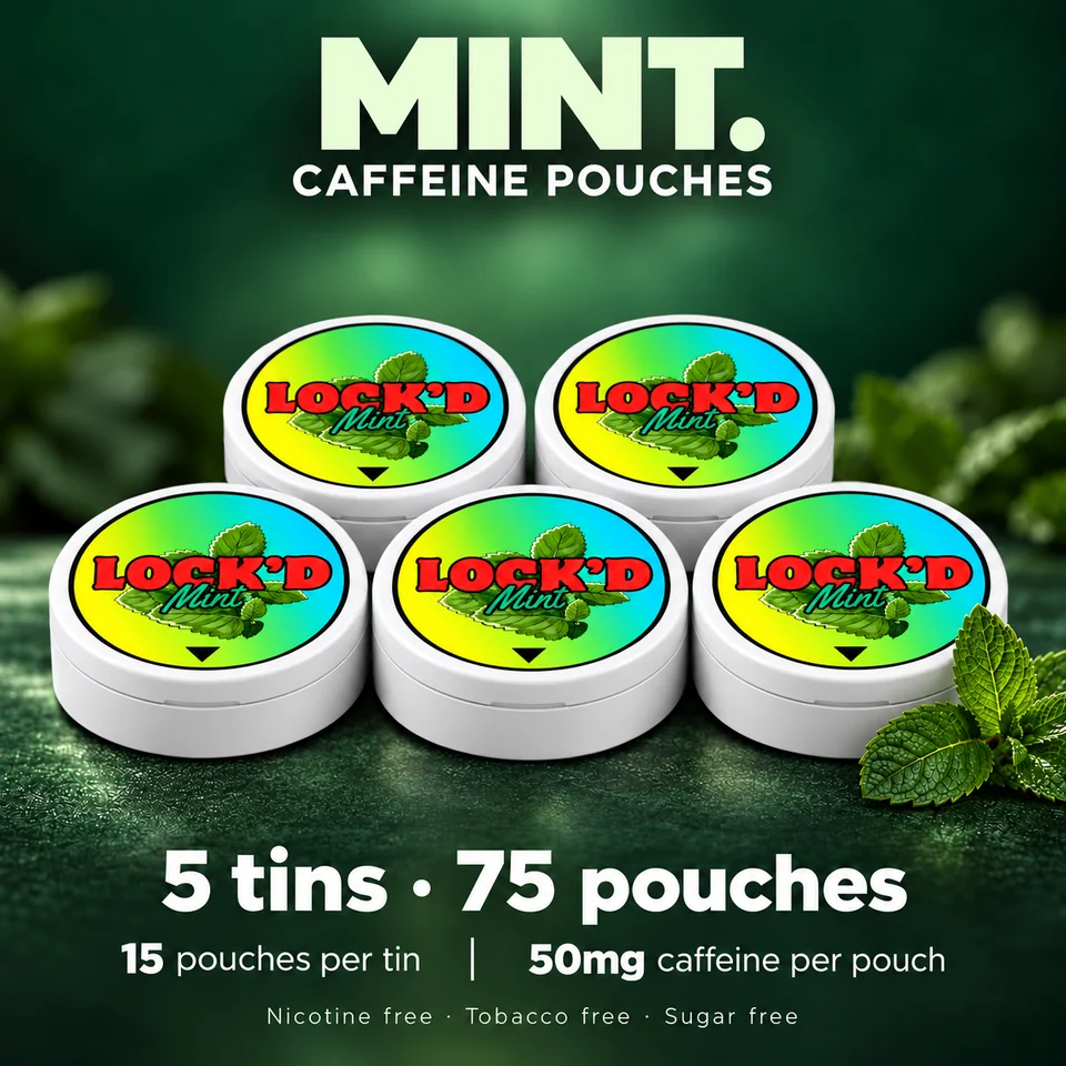LOCK'D Mint five-pack: five closed tins arranged three in front and two behind, all five labelled lids visible