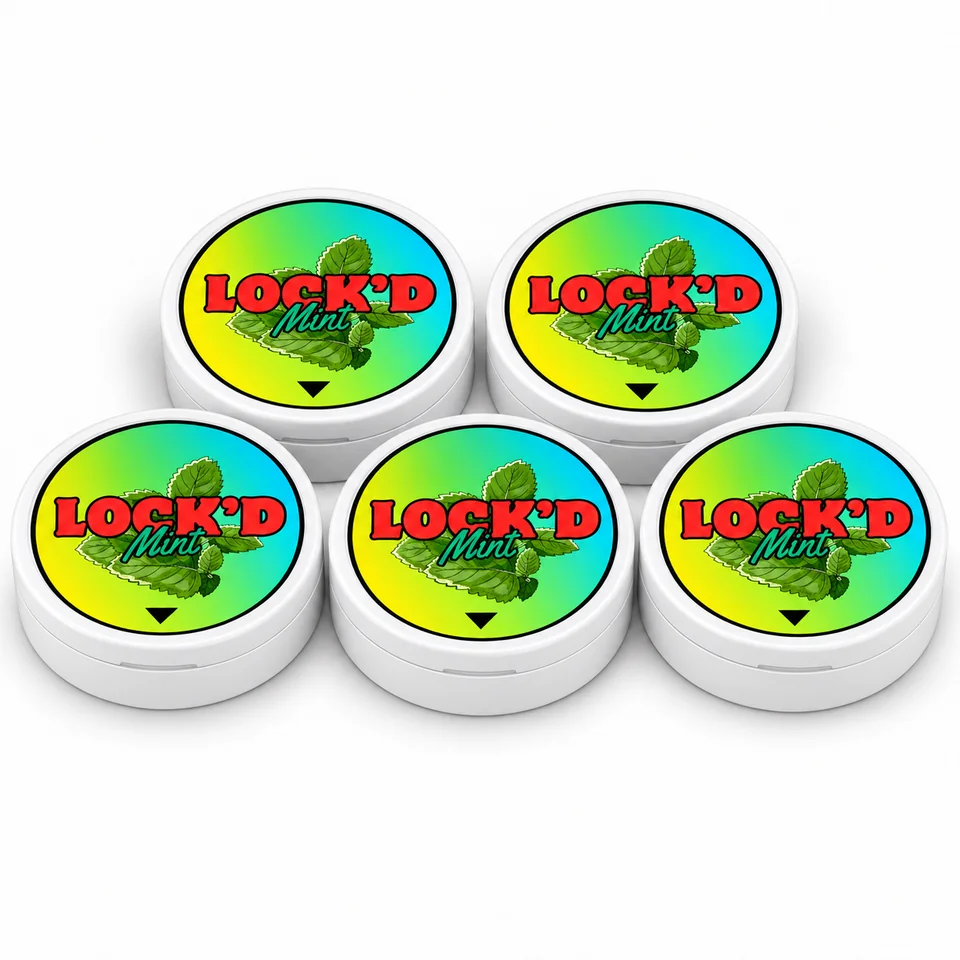 LOCK'D Mint five-pack: five closed tins arranged three in front and two behind, all five labelled lids visible