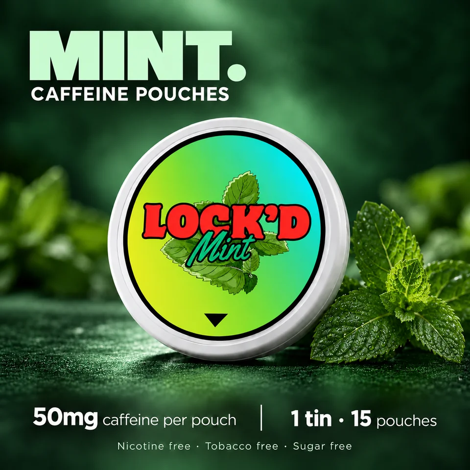 LOCK'D Mint single tin, flavour artwork showing 15 pouches per tin and 50mg caffeine per pouch