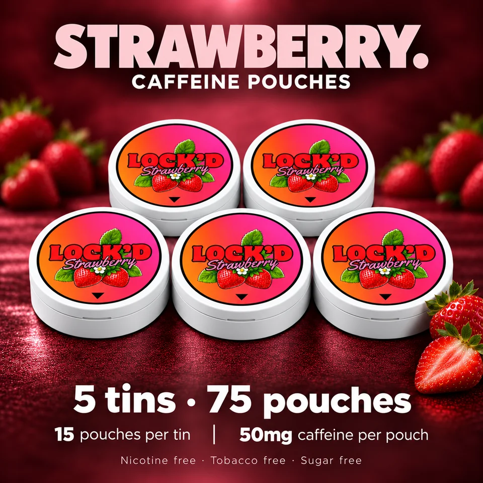 LOCK'D Strawberry five-pack: five closed tins arranged three in front and two behind, all five labelled lids visible