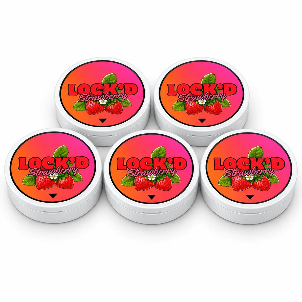 LOCK'D Strawberry five-pack: five closed tins arranged three in front and two behind, all five labelled lids visible