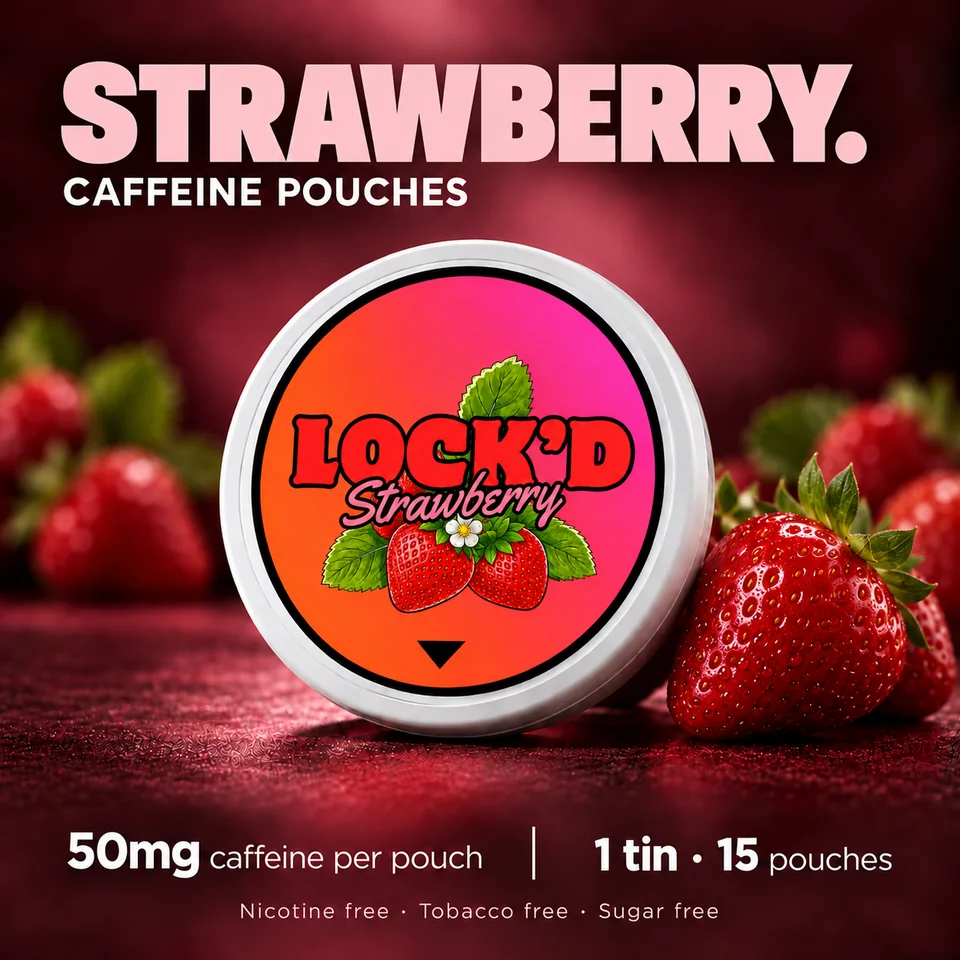 LOCK'D Strawberry single tin, flavour artwork showing 15 pouches per tin and 50mg caffeine per pouch